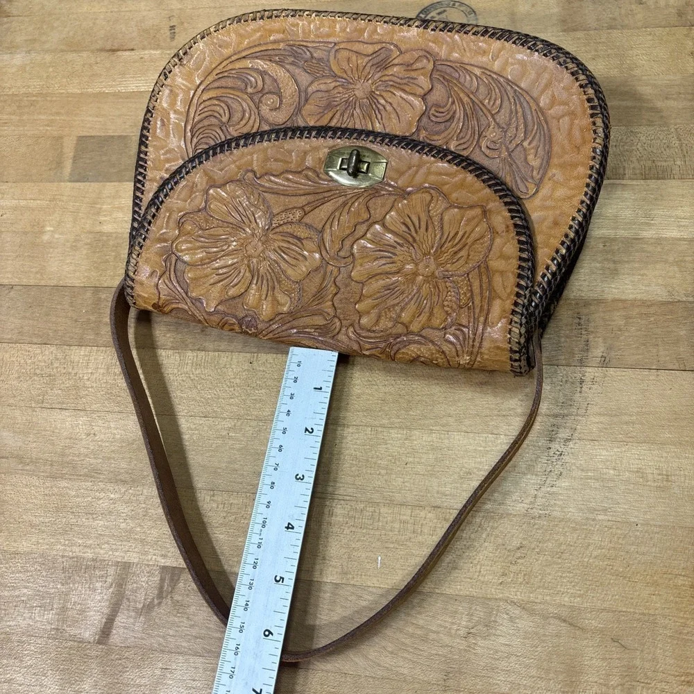 Vintage DCH Hand Tooled Leather Purse Floral Western Whipstitch Shoulder Bag